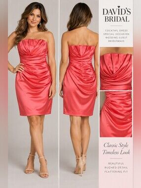 David's Bridal 10 Coral Pink Satin Strapless Ruched Cocktail Dress USA 84835-43